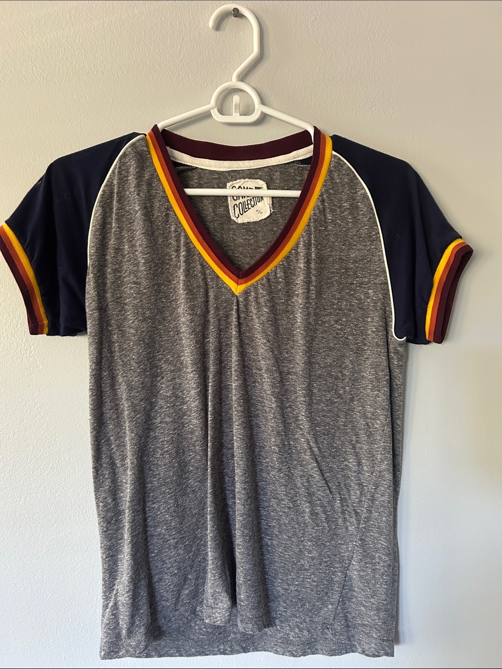 Camp Collection Grey V-Neck Raglan Tee with Navy Sleeves